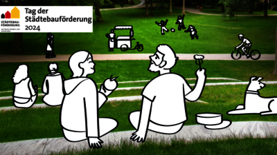Auf einer grünen Wiese sitzen gezeichnete Menschen beim Picknick. 