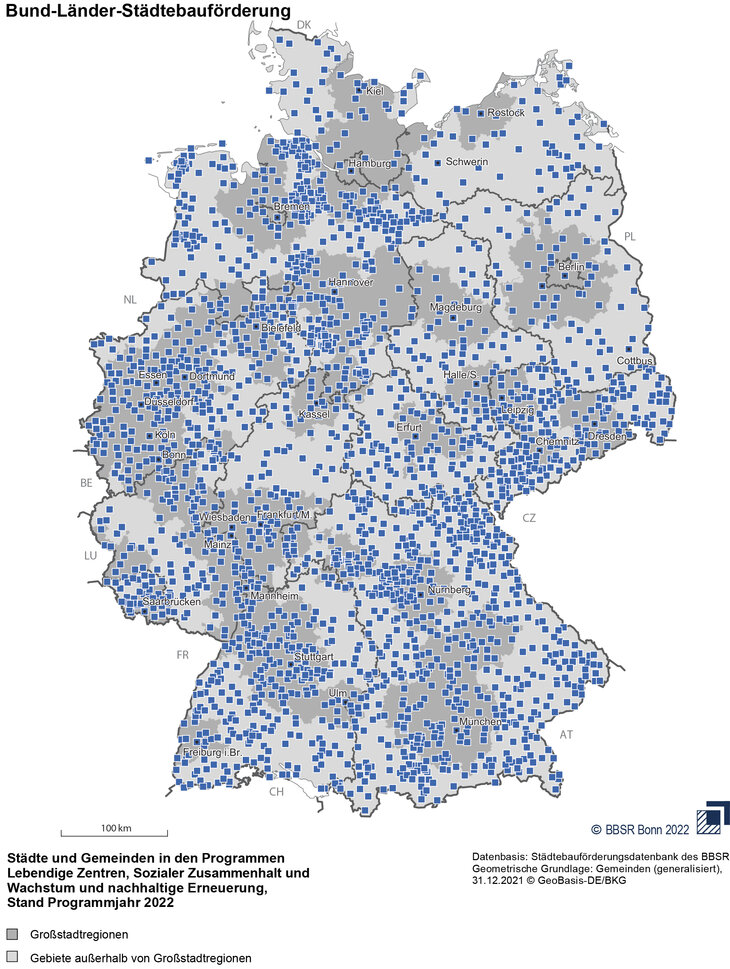 Deutschlandkarte mit Markierung alle Städtebauförderungsmaßnahmen